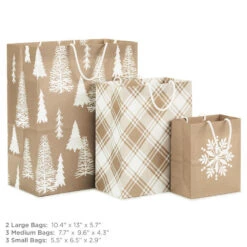 Hallmark Christmas Kraft 8-Pack Holiday Gift Bags, Assorted Sizes And Designs -Hallmark Gift Shop White on Kraft Paper Assortment Christmas Gift Bags 5XGB1417 03